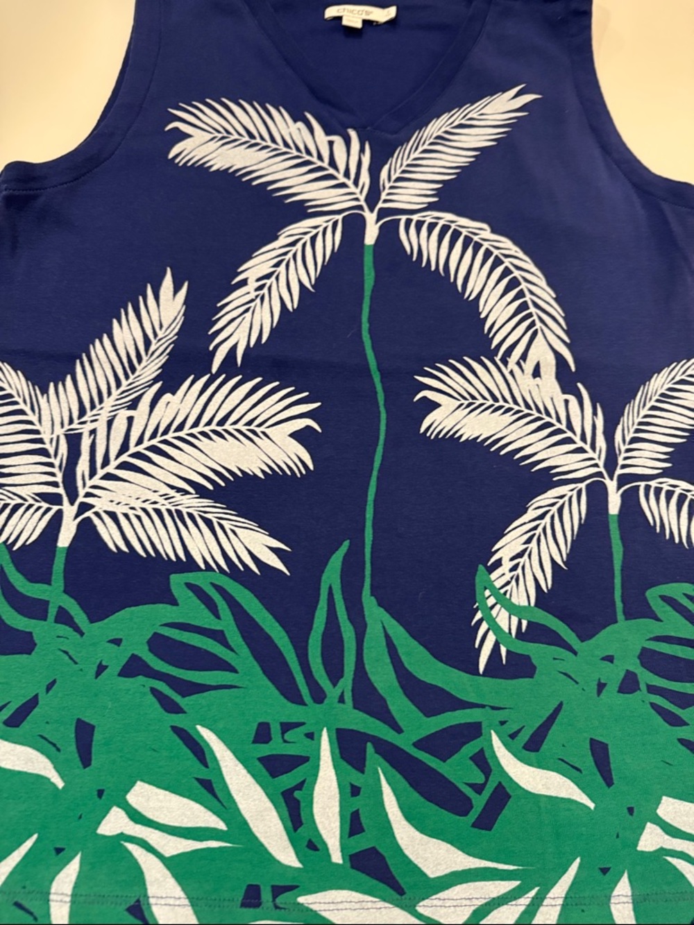 Chico's Navy Palm-Print V-Neck Tank with Tropical Print - Picture 6 of 13